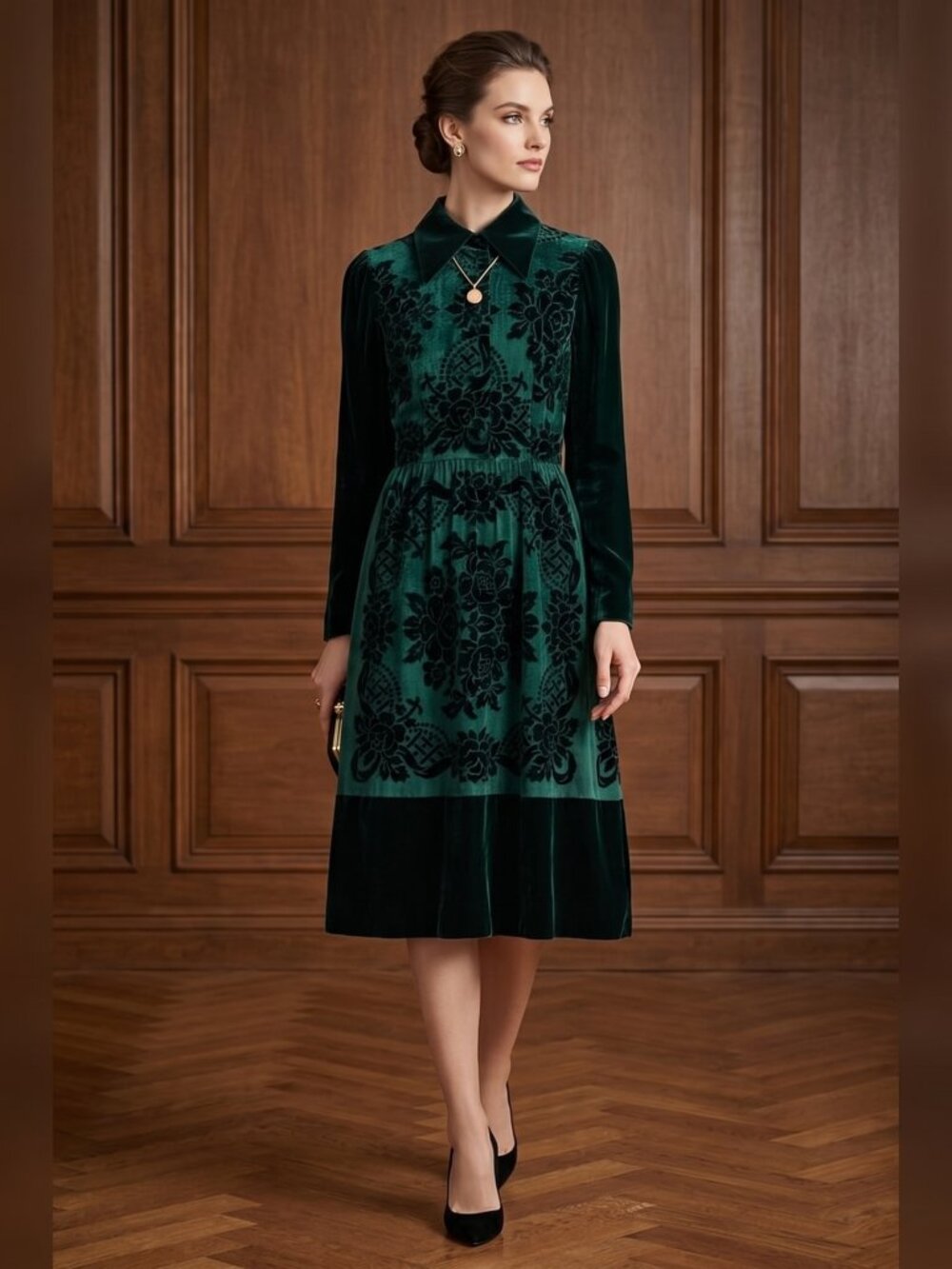 Vintage Oscar de la Renta boutique, small Green Velvet Long-Sleeve Shirt Dress